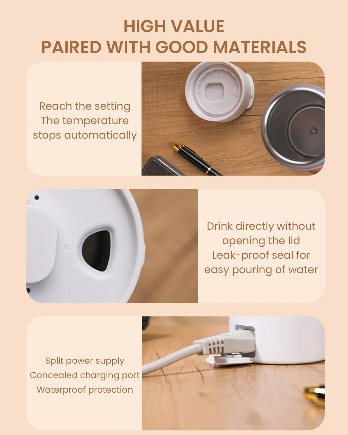 HASTHIP Electric Kettle for Travel with 4 Preset Temperatures 475ml 304 Stainless Steel | Portable Hot Water Bottle