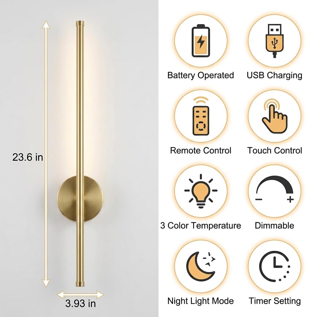 HASTHIP® Modern Wireless Wall Sconces with Rechargeable Battery, Dimmable LED Light with Remote Control, 3 Color Temperatures, 350° Rotation, 6000mAh Long Battery Life, Gold 23.6in for