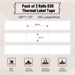 D30 Label Maker Tape Print Paper Black on White Sticker Thermal Paper Self-Adhesive Label Tape, 12 x 40mm (3/8" x 1 1/2") 160 Tapes/Roll, Include 3-Roll