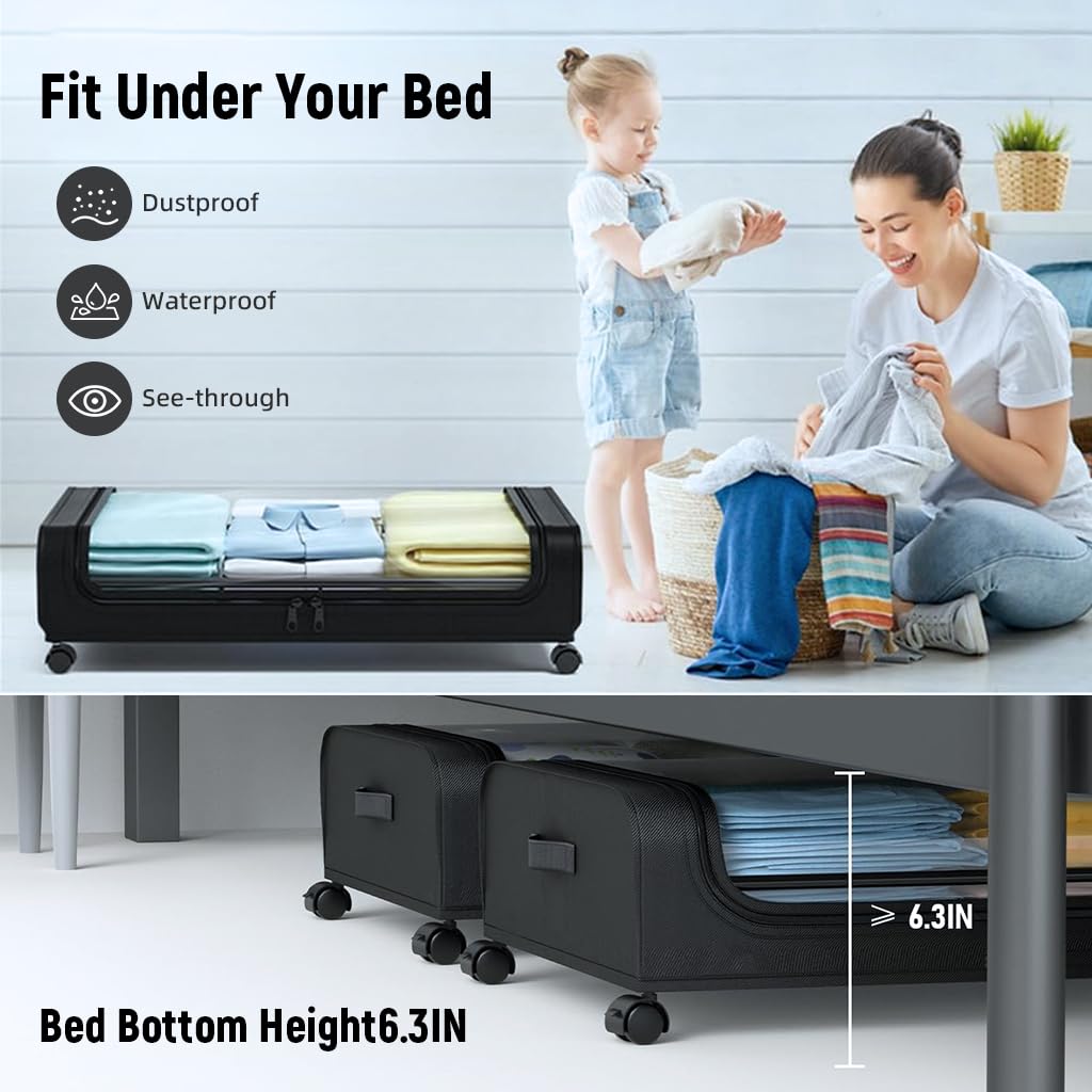 HASTHIP Under Bed Storage Organizer 32"x17"x6.3" with Wheels and Zip Cover in Black