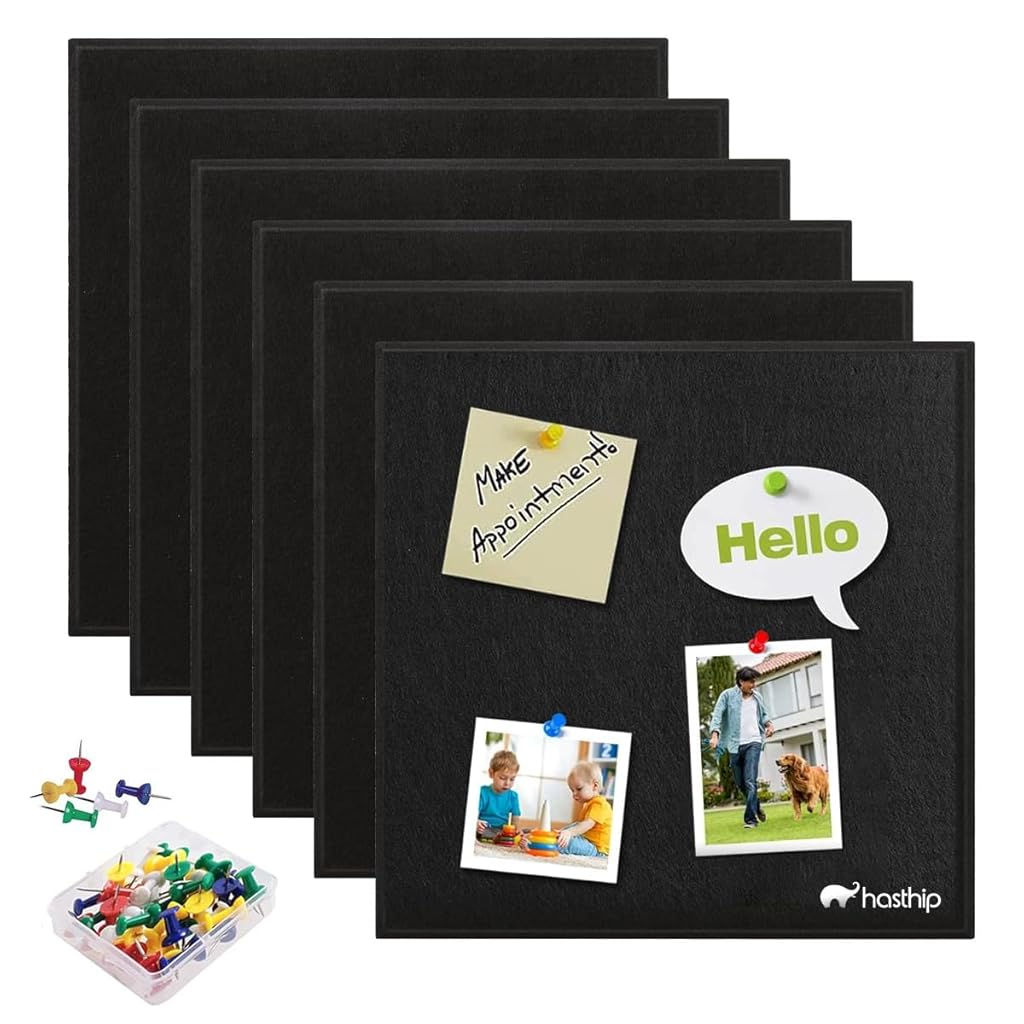 HASTHIP® 6Pcs Felt Bulletin Board, 11.8x11.8inch Self-Adhesive Wall Boards with 50pcs Drawing Pins, Felt Message Board for Paste Notes, Photos, Schedules (Black)