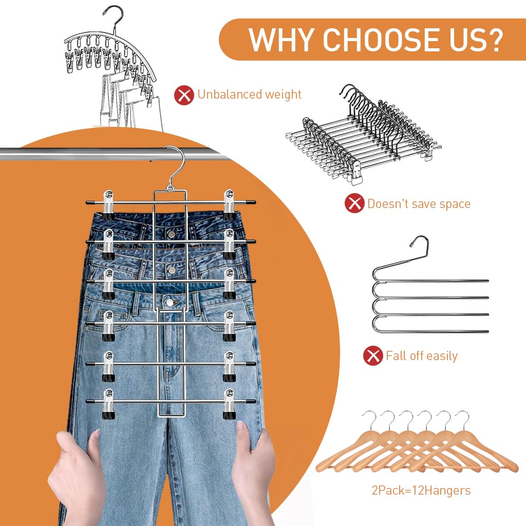 HASTHIP Pants Hangers for Closet Organization with 6 Tiers and 360° Swivel Hook | Metal Space Saving Design