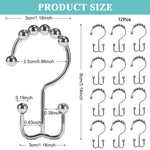 HASTHIP Metal Shower Curtain Hooks for Bathroom with Double Hook Design and Roller Gliders | 12PCS Silver Set