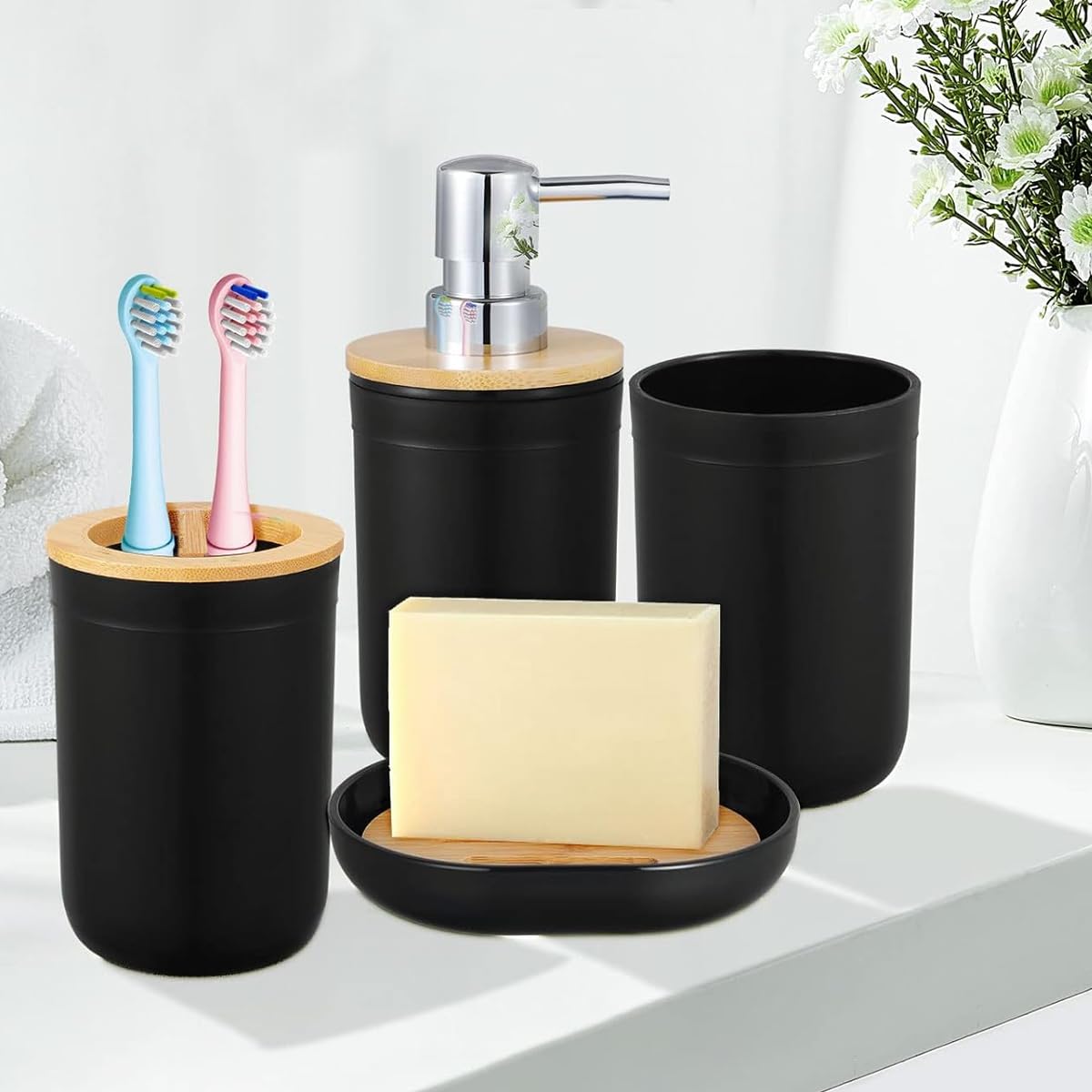 4PCS/Set Bathroom Accessories Set, Lotion Soap Dispenser, Toothbrush Holder, Qtip Holder Dispenser and Soap Dish-Modern Bathroom Decor Vanity Countertop Organizer