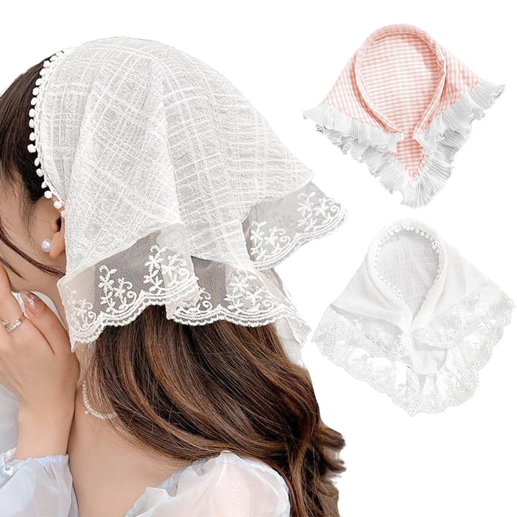 HASTHIP® Juego de 2 Diademas para Niñas,Diademas de Encaje Blanco y Lazo Cuadros Rosas,Ajustables Antideslizantes Moda Banda para Cabello Suave y Cómoda Todo Tipo