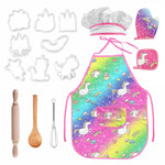 HASTHIP® 15Pcs Kids Baking Set, Including Unicorn Waterproof Chef Apron for kids, DIY Cookies Cutter Mold Set with Egg Whisk, Dough Rolling Pins, Cup, Cooking Set for Kids for Christmas, Party