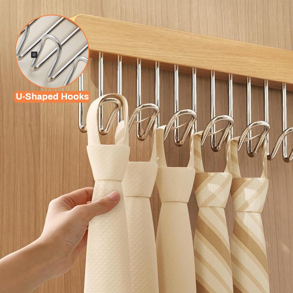 HASTHIP Wooden Hanger for Clothes with 12 Stainless Steel Hooks and Sliding Rack | 41x8cm Wall Mounted Drawer-Free Design
