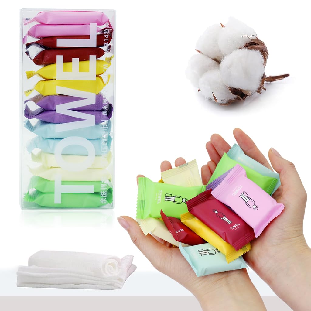 HASTHIP® 14 Pack Compressed Towels Tablets, Disposable Face Compressed Towels, Travel Wash Cloth, Thicker Super Absorbent Wash Cloths for Travel, Face Towel Ideal for Outdoor Camping Hiking