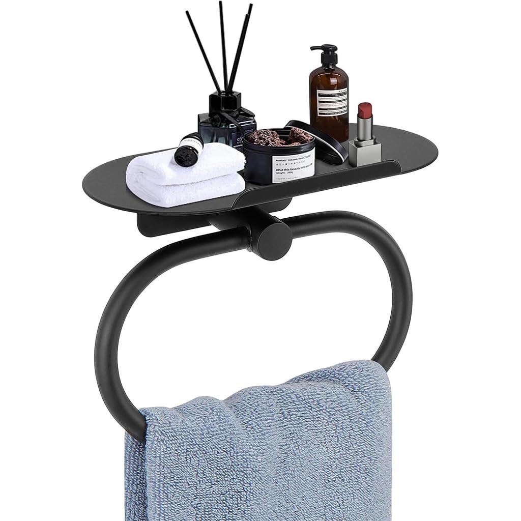HASTHIP Round Towel Ring with Shelf for Bathroom and Kitchen featuring Self Adhesive Wall Mount | Space Saving Steel Organizer