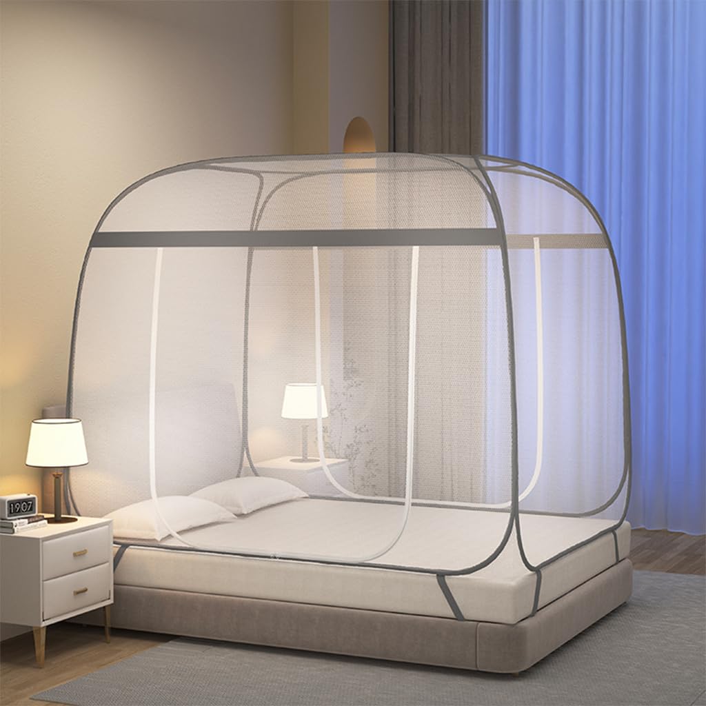 HASTHIP® Double Bed Mosquito Tent Net with Frame,Roofed Fine Mesh Canopy Mosquito Net,No Bottom Design Elastic Strap Fixation Zip-up Dual Door Pop-Up Bed for Bedroom 180x200x145cm