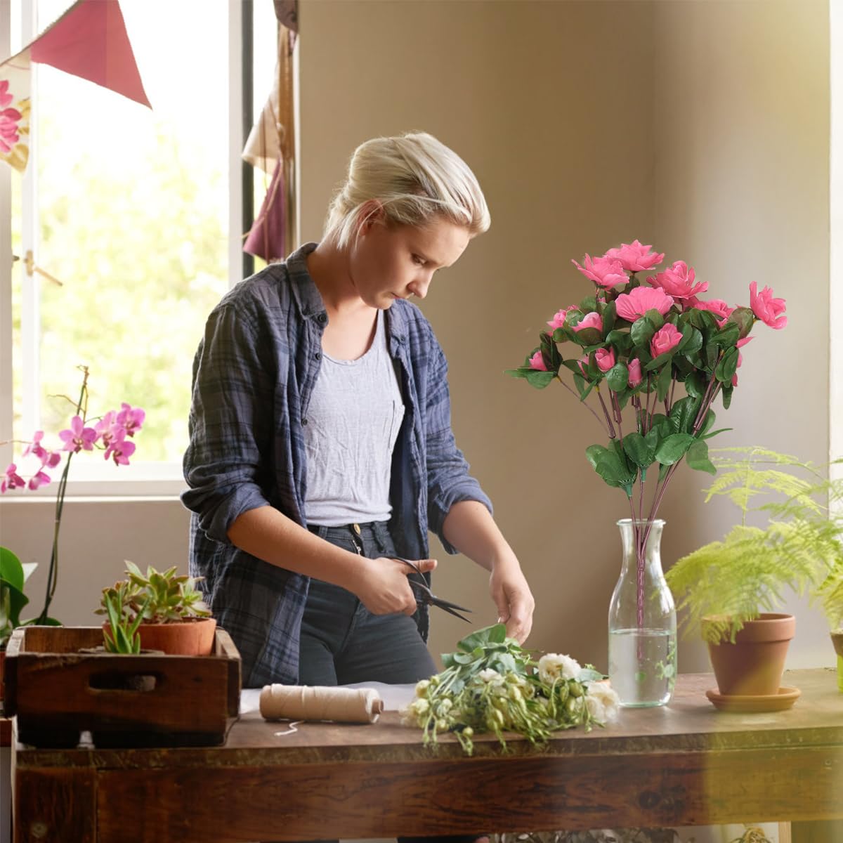 HASTHIP Rhododendron Artificial Flowers for Home and Wedding Decor with 2 Bouquets 33cm | Pink Retro Style Simulated Blooms