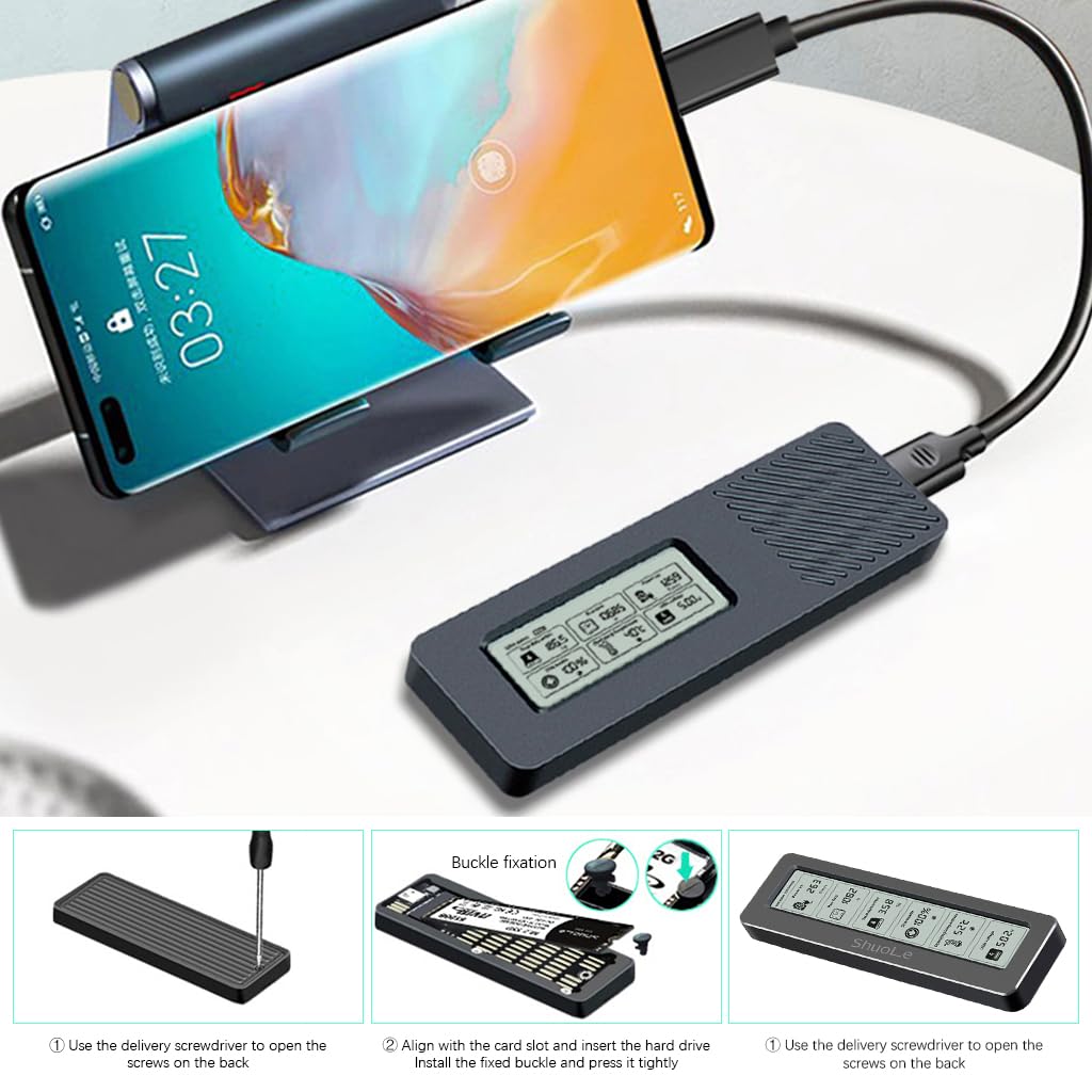 HASTHIP® Aluminum Nvme SATA SSD Enclosure with LCD Display USB Gen 10Gbps NVMe SSD Enclosure NVME PCI-E M-Key