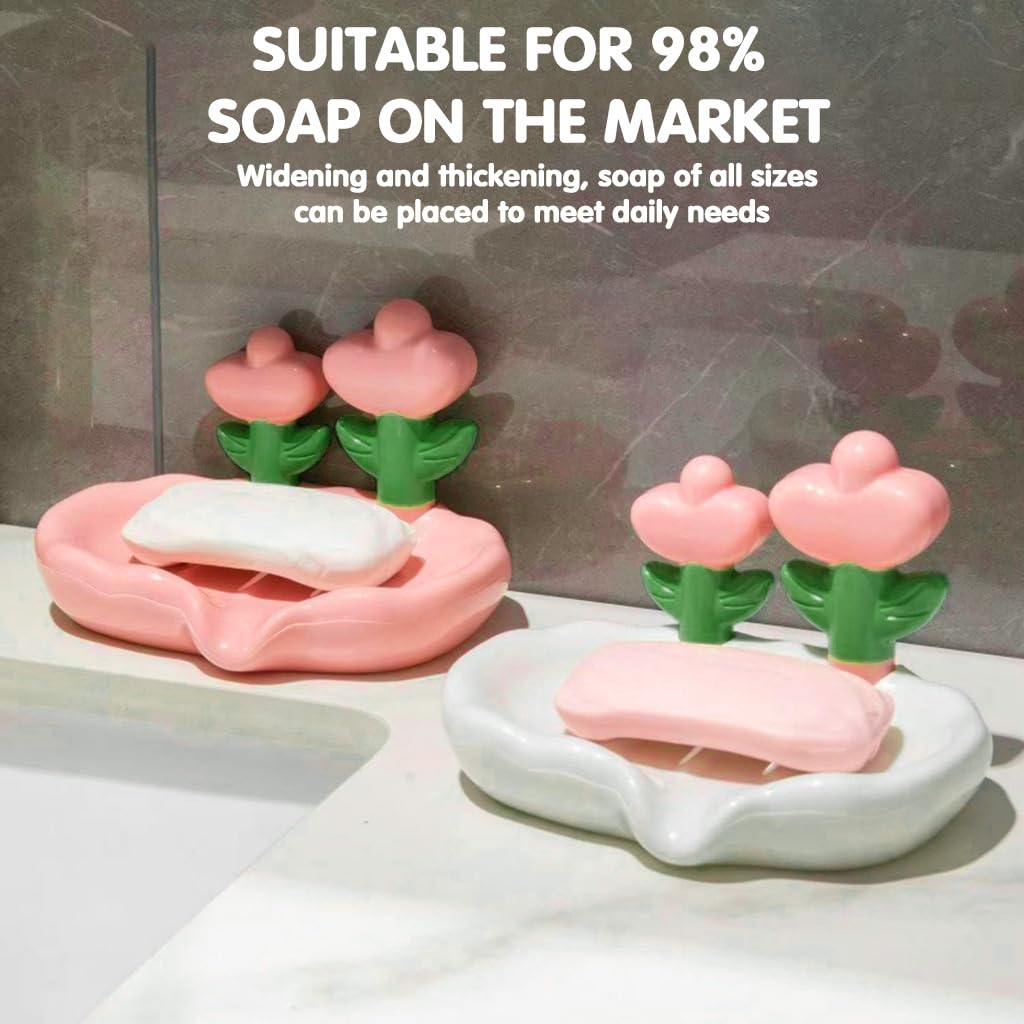HASTHIP Soap Trays for Bathroom and Kitchen with Drain Spout Design 14.5 × 11 cm | White & Pink PP Set of 2