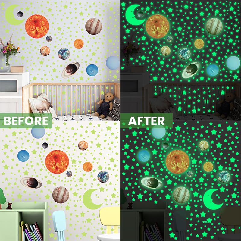 HASTHIP Glow in The Dark Wall Stickers for Kids Room with 520 pcs Solar System Set | Self Adhesive Fluorescent Green Decoration