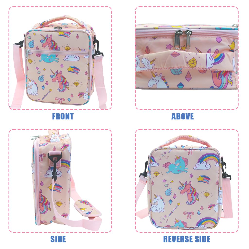 Lunch Box for Kids Girls Insulated Lunch Bag, Pocket Pink Unicorn Print Thermal Lunch Tote Bag with Shoulder Strap for School Thermal Meal Small Lunch Tote Toddler Rainbow Lunchbox
