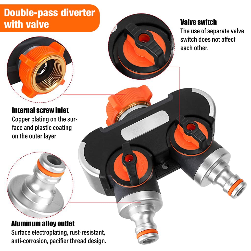Splitter 2 Way for Tap and Splitter Garden Irrigation, Aluminum Alloy and ABS 3 Way Valve, 3/4 inch and 1/2 inch Water Tap Connectors