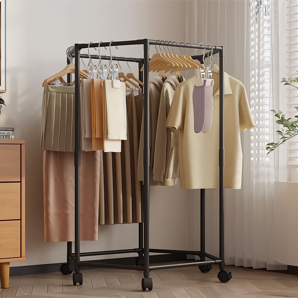 HASTHIP Cloth Hanger Rack for Laundry Room featuring Hexagon Design with 360° Wheels | Stainless Steel 35x74.5x120cm