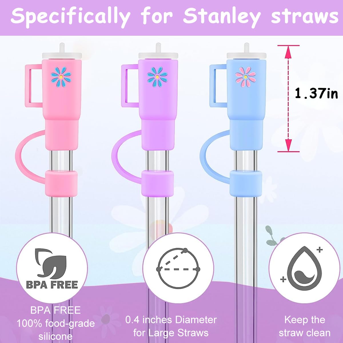 HASTHIP Straw Cover Cap Set for 10mm Cups with Anti Lost Handle and Food Grade PVC | 5PCS