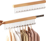 HASTHIP Wooden Hanger for Clothes with 12 Hooks 41x8cm | Sliding Wall Mounted Rack