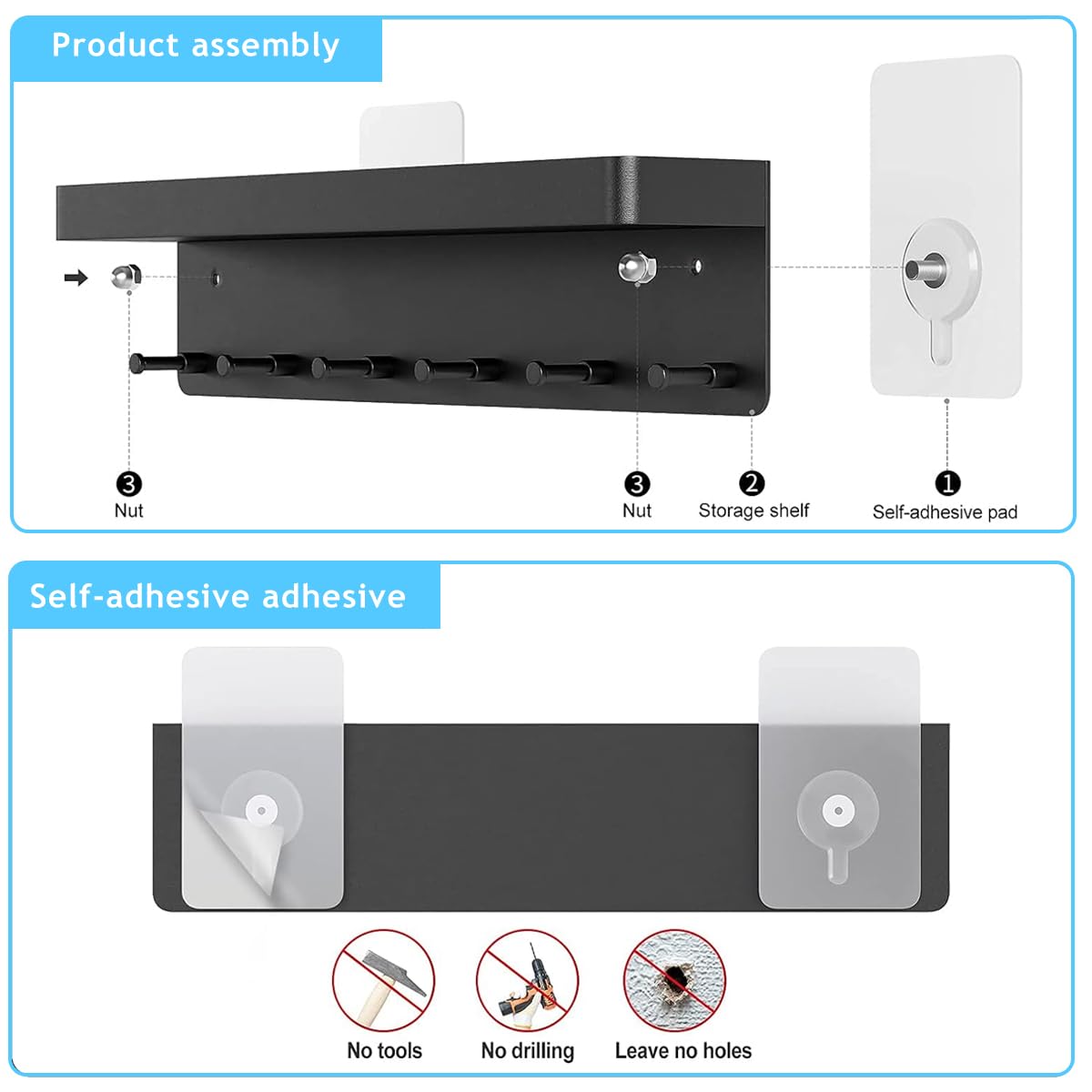 HASTHIP® Wall Key Holder Storage Shelf for Entryway Modern 6-Hook Wall Key Organizer Home Decor Self Adhesive Wall Key Holder Stainless Steel Wall Key Holder Organzier Rack for Doorway, Entry