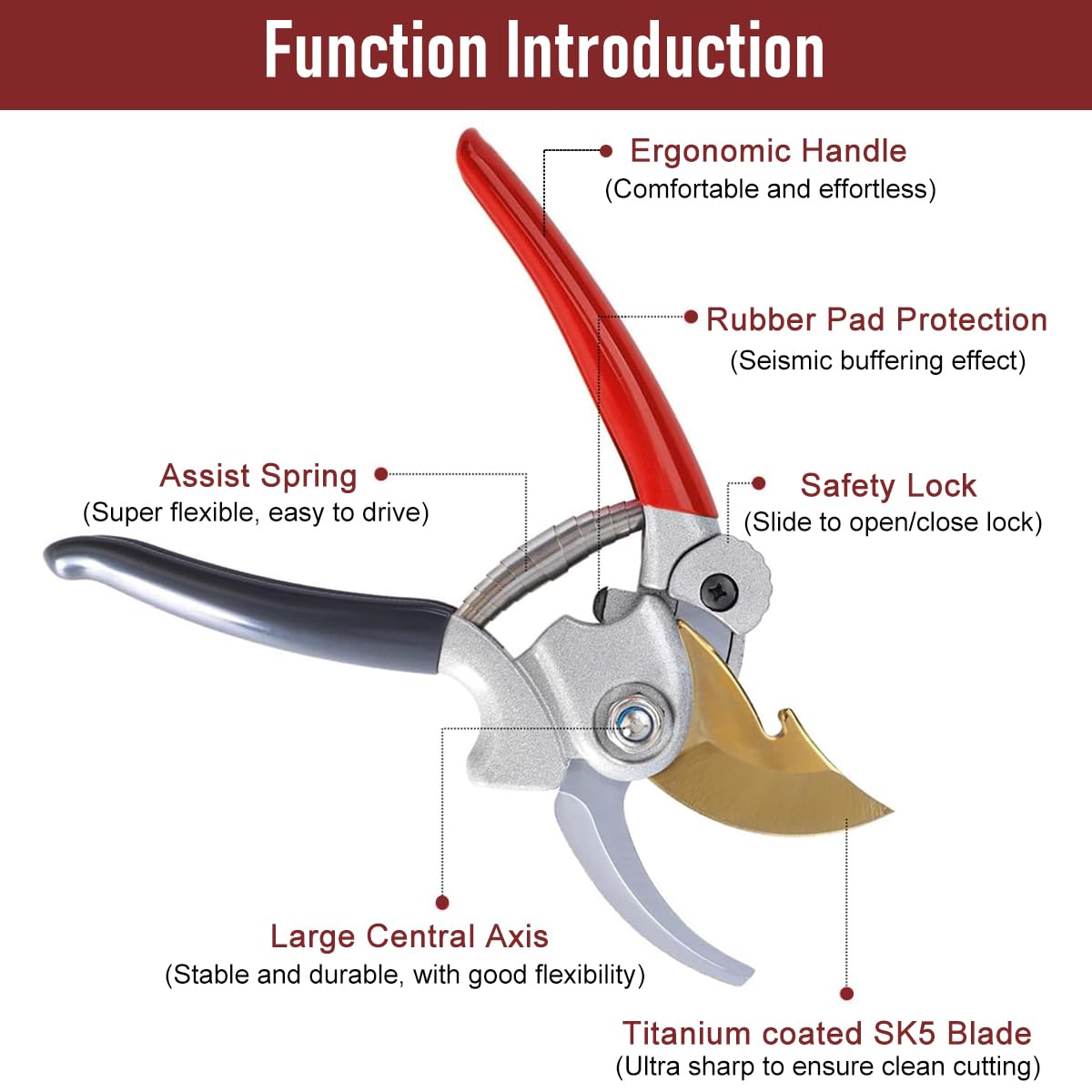 HASTHIP® Gardening Bypass Pruner 7.8 Inches SK5 Steel Hand Pruner with Safety Lock Anti-slip Rubberized Handle Design Spring Loaded Labor Saving Bypass Pruner for Shrubs, Flowers, Fruit Trees