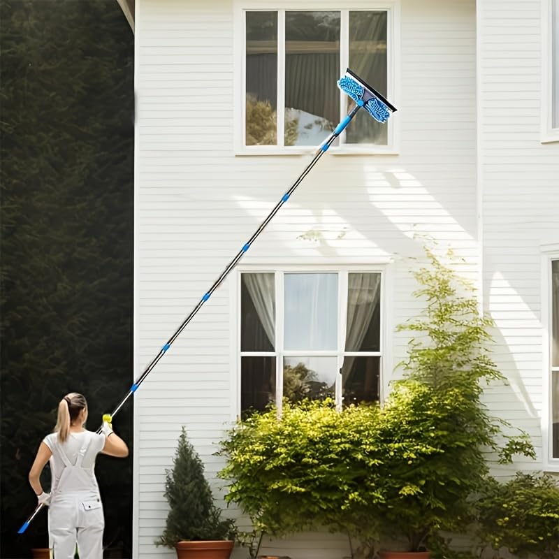 HASTHIP® 20 ft Reach Squeegee Window Cleaner Duster 2 in 1 Rotatable Window Cleaning Tool Kit with 3-14 ft Extension Pole,Washing Equipment for Indoor Outdoor Car Glass-Blue