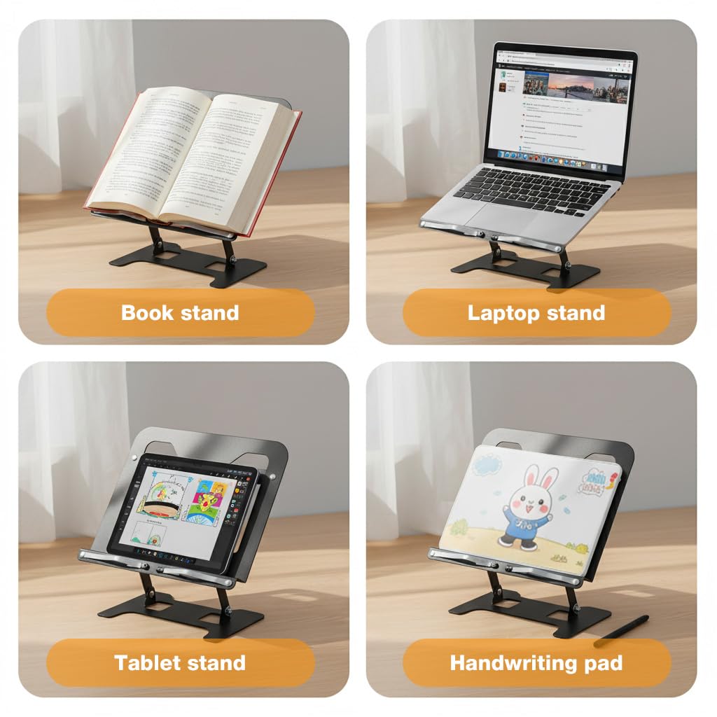 HASTHIP Adjustable Metal Book Stand with Page Clips, Foldable Reading Holder