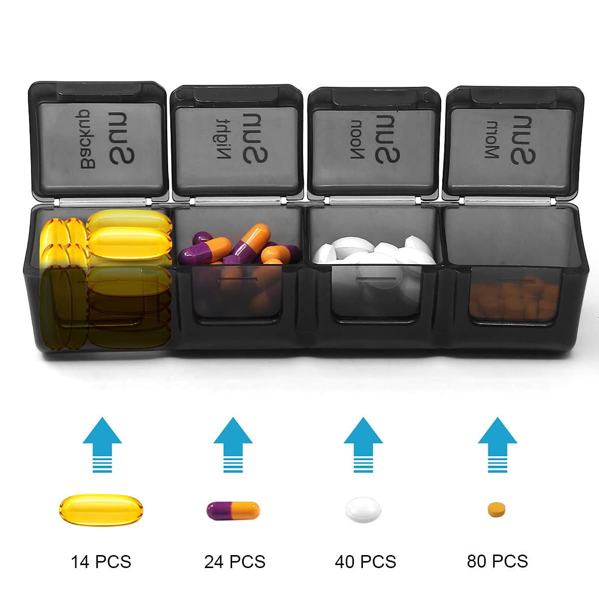 Weekly Pill Organizer Medicine Box, 4 Times a Day Pill Box, 28 Cell Daily Pill Case Medication Reminder Portable Travel Pill Container for Vitamins Compartments Supplements