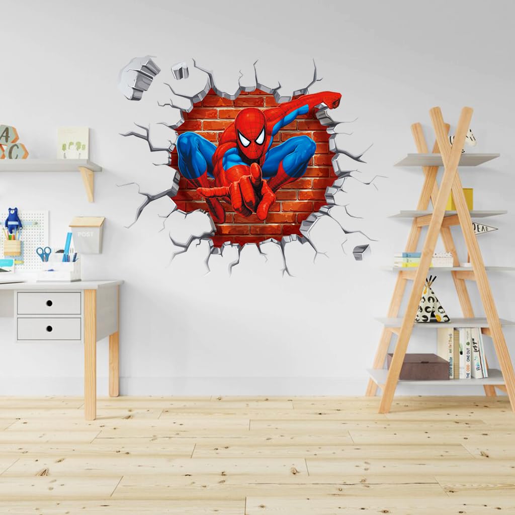 1 Sheet 3D Wall Paper Sticker Superhero Spiderman 3D Wall Paper Self Adhesive PVC Wall Paper Removable Cartoon 3D Wall Paper for Kids Room, Bed Room, Living Room, 19.6 x19.6 inches