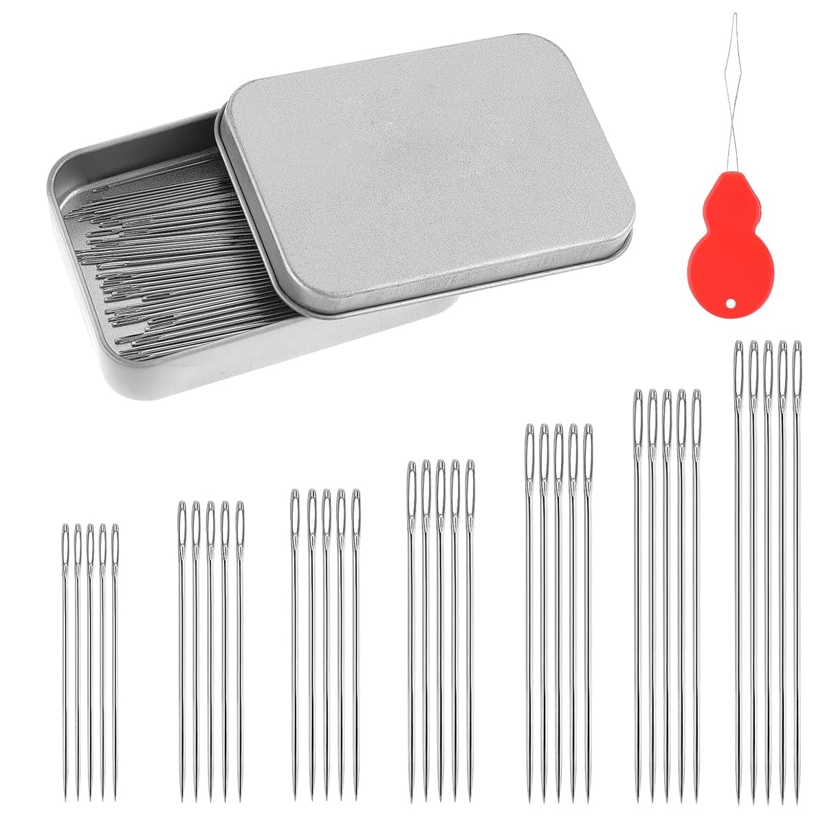 HASTHIP Large Eye Blunt Needles for Sewing and Knitting with Threaders 35pcs Steel Set | 7 Sizes in Iron Box