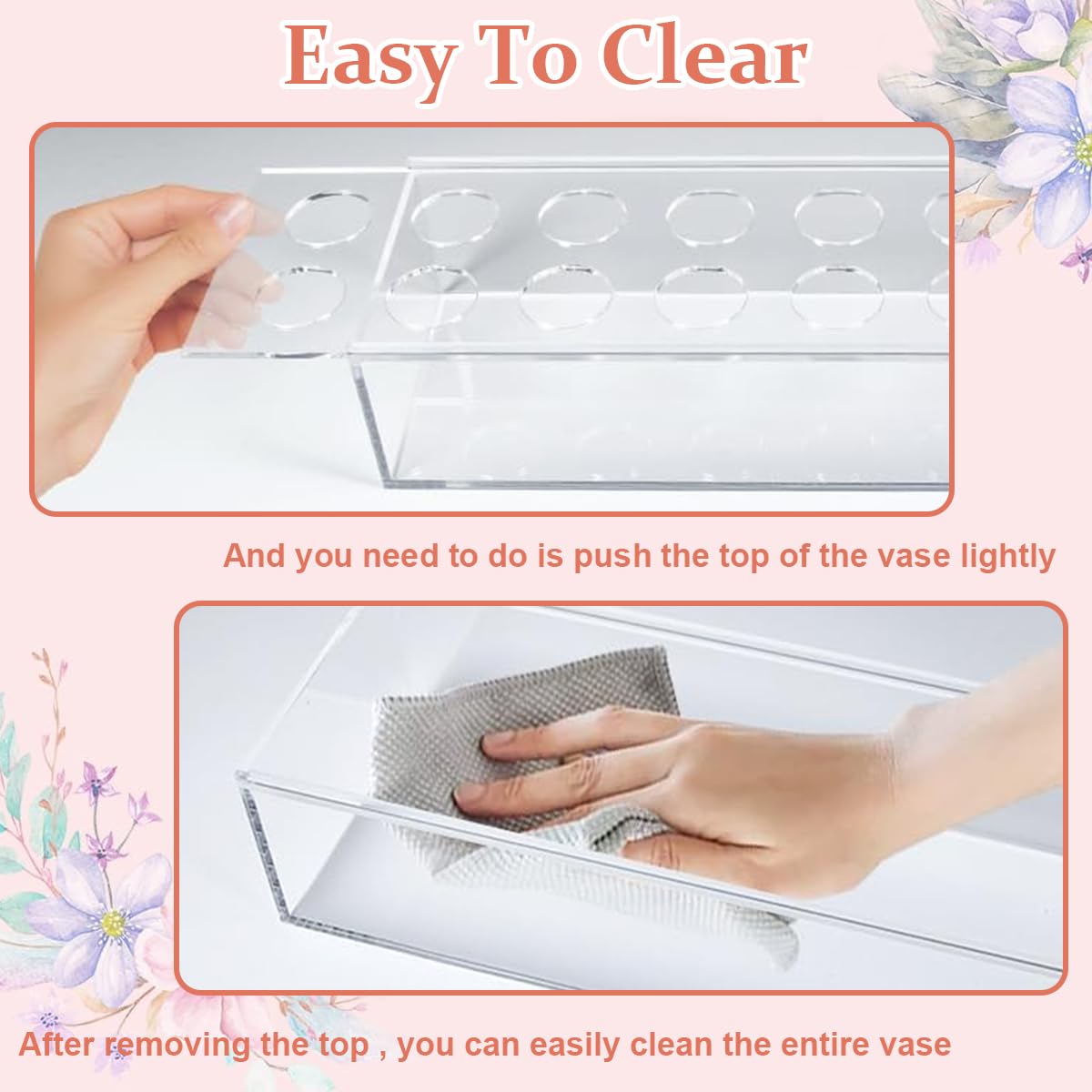 HASTHIP Clear Acrylic Flower Vase for Wedding and Home Decor featuring 12 Holes | 30×10×6.5 cm Rectangular Centerpiece