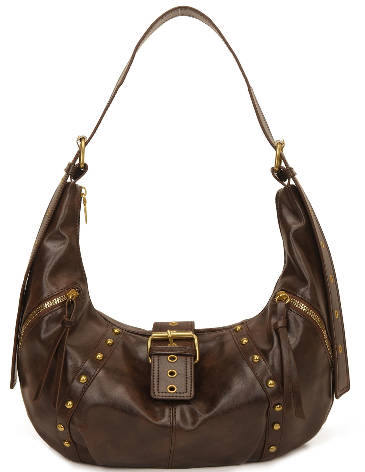 HASTHIP® Vintage Brown Leather Hobo Bag Y2K Crescent Armpit Bag with Gold Buckle Hardware, Studded AccentsSlouchy Retro Underarm Bag Shoulder Bag for Everyday Carry, Casual, Streetwear