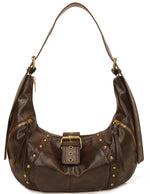 HASTHIP® Vintage Brown Leather Hobo Bag Y2K Crescent Armpit Bag with Gold Buckle Hardware, Studded AccentsSlouchy Retro Underarm Bag Shoulder Bag for Everyday Carry, Casual, Streetwear