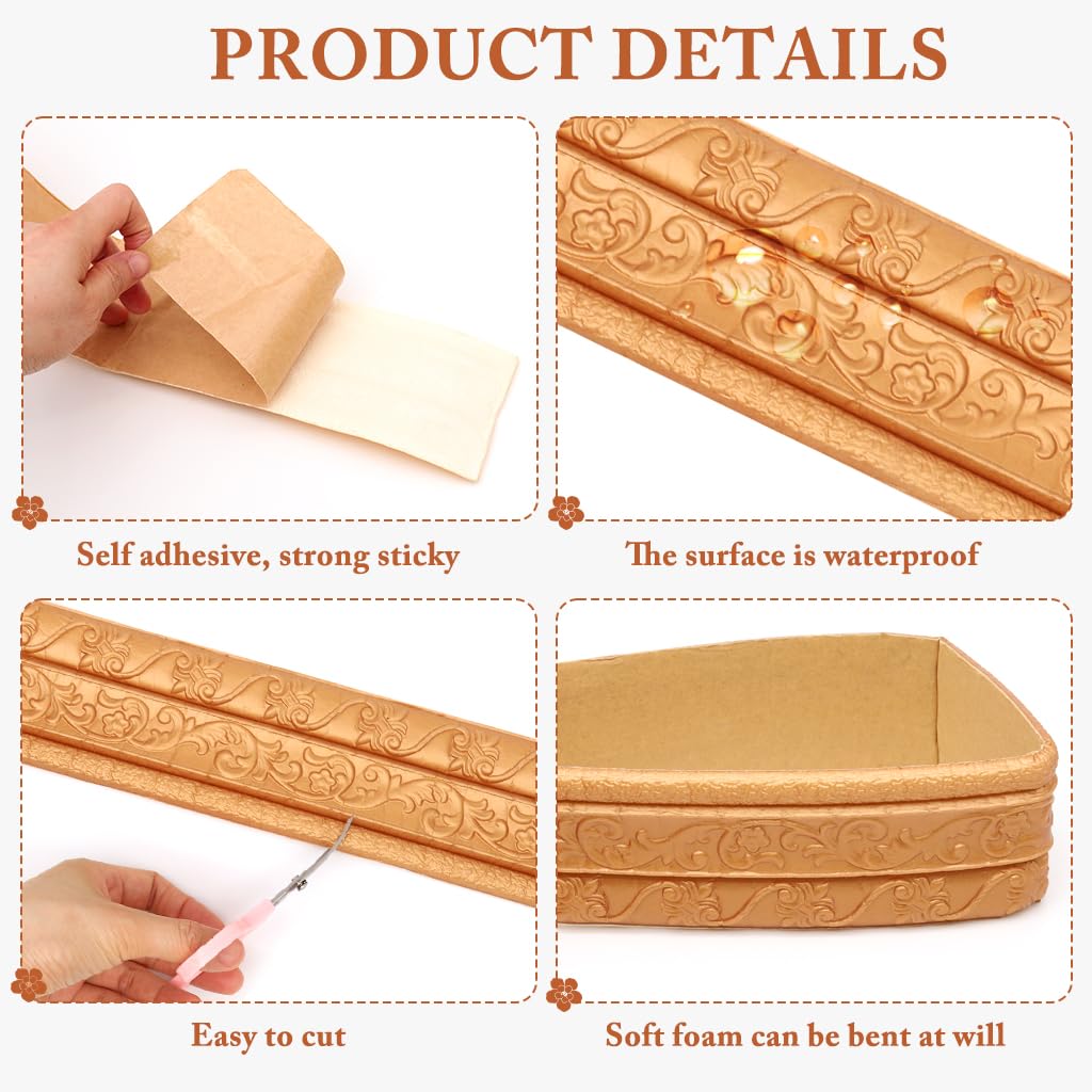 HASTHIP Peel Stick 3D Foam Molding Trim for Home Decor featuring Floral Embossing 2.3 m x 7.8 cm Brown 2pcs