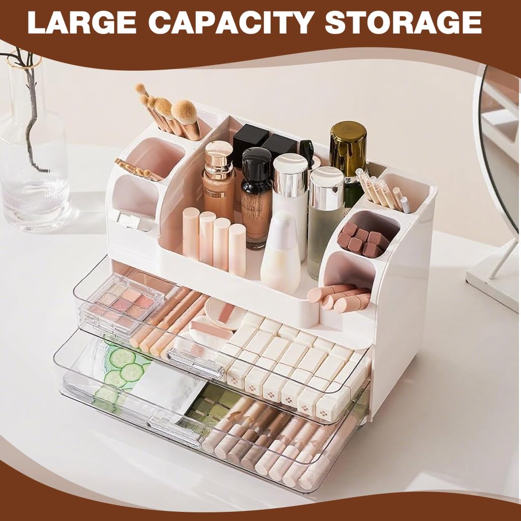 HASTHIP Makeup Organizer for Desk and Vanity with Dual Drawers and 35x21x26 cm ABS Design