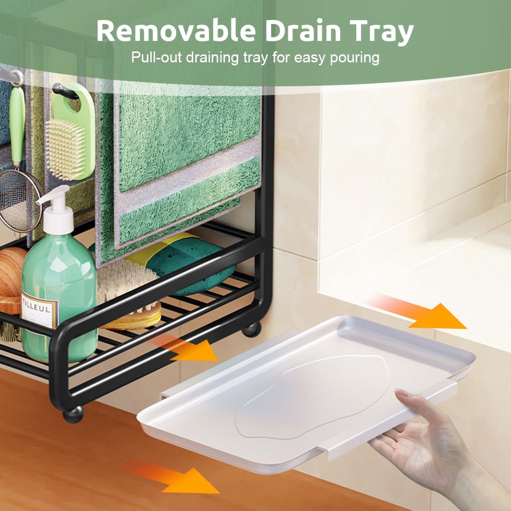 HASTHIP Kitchen Sink Organizer for Countertop Storage with Drainer Panel 24.5 x 14 x 28cm | Carbon Steel Black Rack