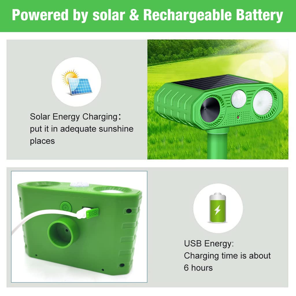 Outdoor Ultrasonic Pest Repeller - Solar Lizard Repellent & Snakes Repellent - Dog Repellent Device with Infrared Sensor & Flashing Lights for Garden & Patio - Pigeon Repellent for Balcony