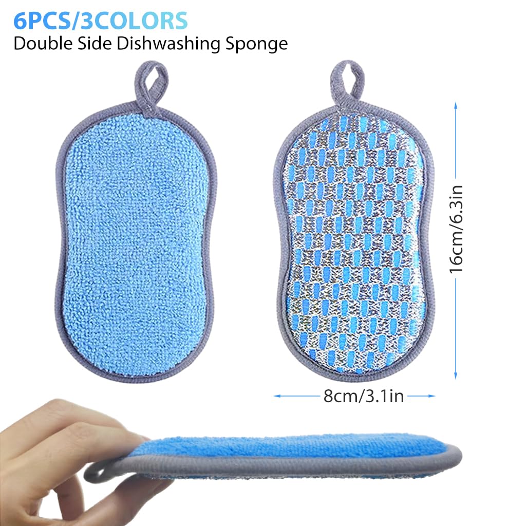 6 Pack Kitchen Dish Sponge Scrubber, Durable Scrub Scouring Sponge, Non-Scratch Microfiber Sponge Heavy Duty for Da wn Dish Soap Cleaning of Sink Pans