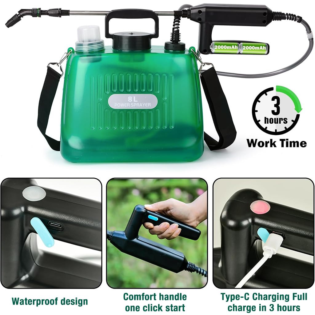 HASTHIP Electric Garden Sprayer for Lawn and Plants with 8L Tank and 4 Mist Nozzles | USB Rechargeable Backpack