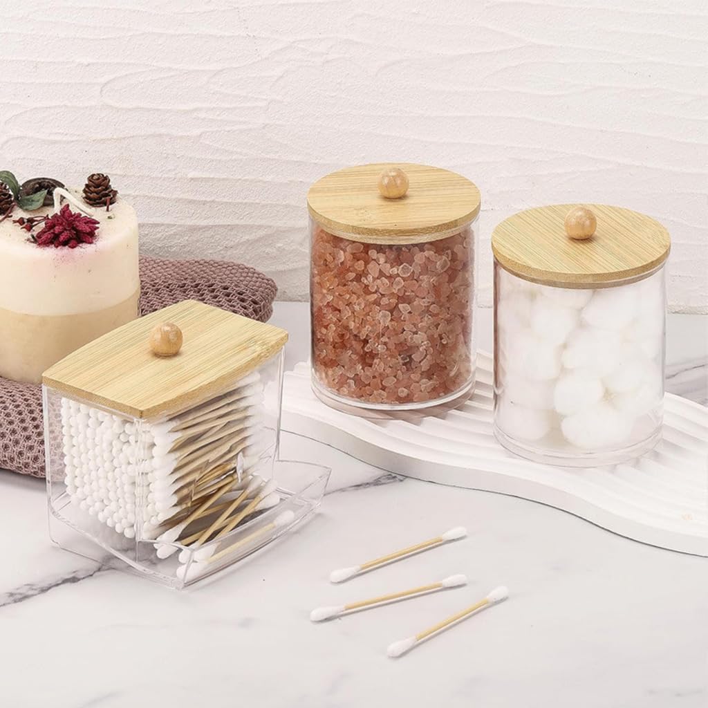 HASTHIP Makeup Cotton Storage Box for Vanity and Bathroom with Lids and Bottom Slot | 3Pcs Clear Acrylic Organizer Set
