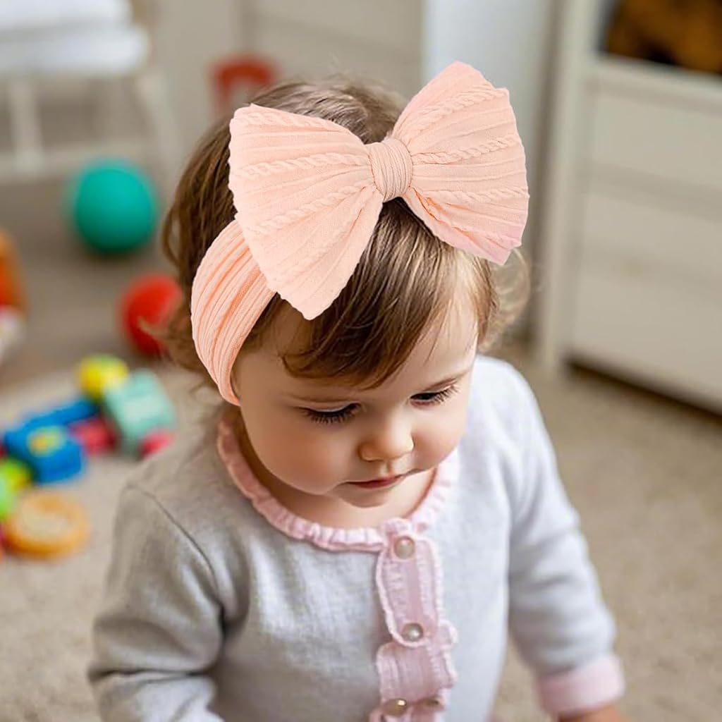 HASTHIP® 3Pcs Hair Bands for Baby Girls 0-24 Months,3-Color Nylon Turban Knotted Pink Bow Baby Girl Hair Bands,Super Soft and Stretchy Headbands for Girl - Accessories