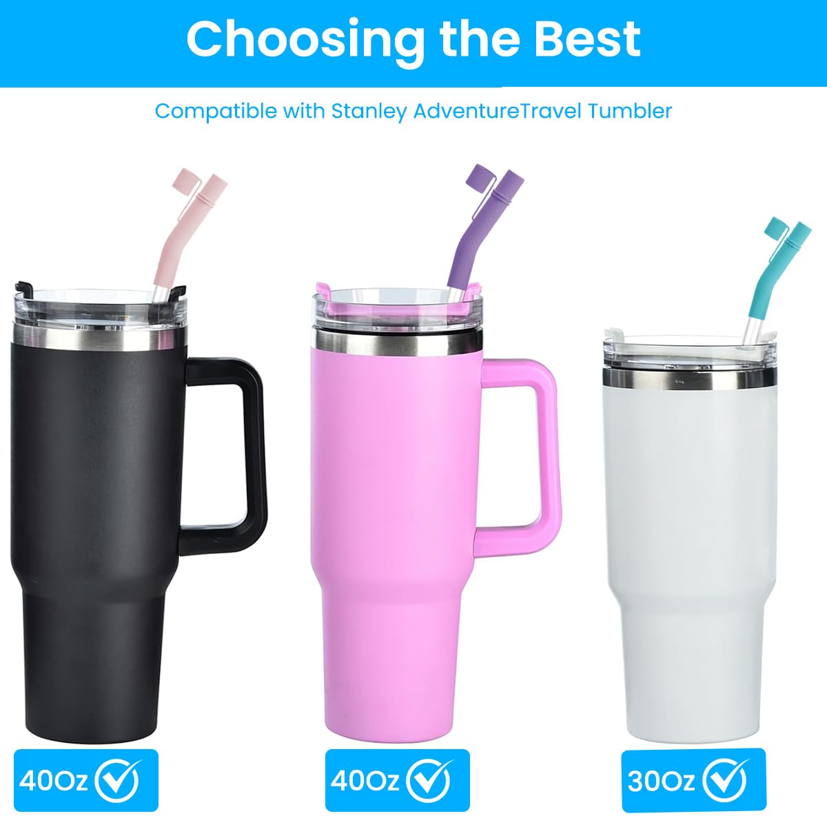 HASTHIP Silicone Straw Extenders for 8–10mm Straws with Dustproof Cap and 2 Cleaning Brushes