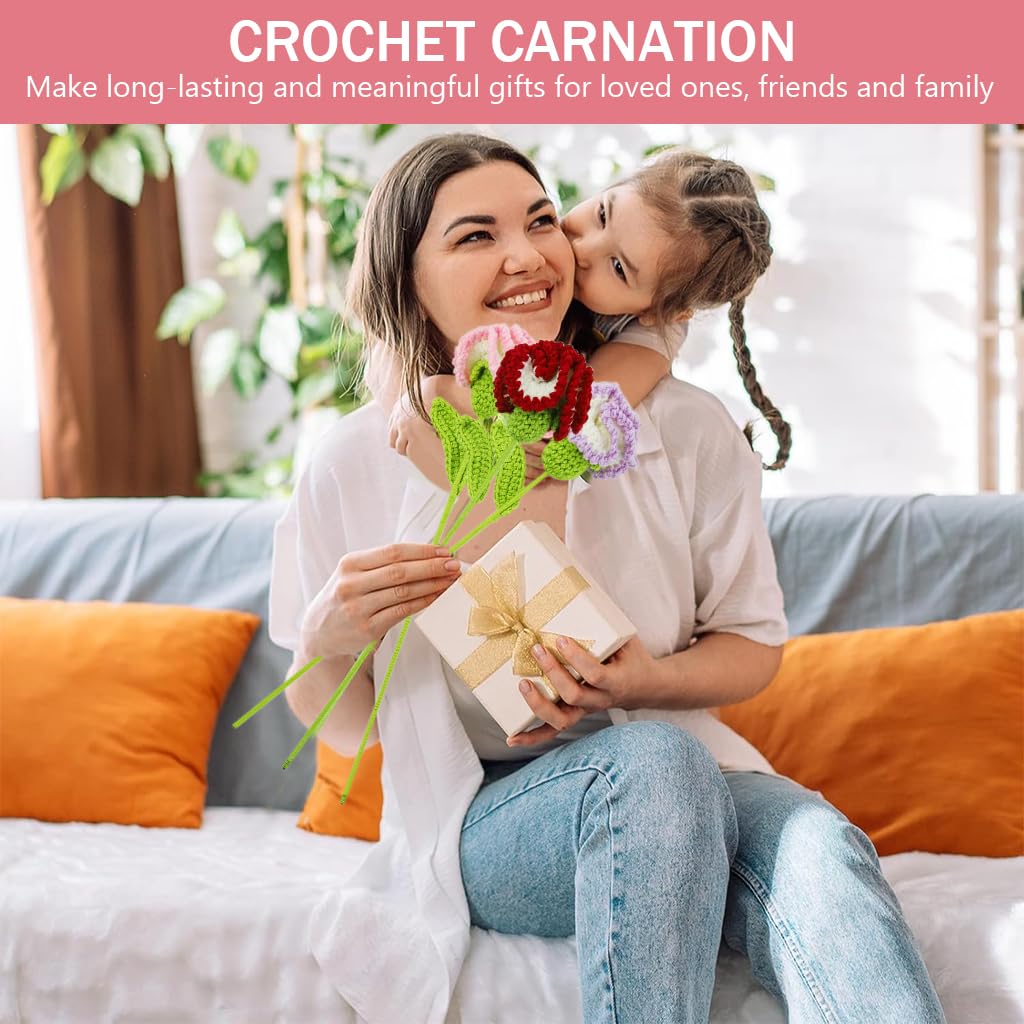 HASTHIP® 3Pcs Handmade Crochet Carnation Flowers for Home Decor Dual Color Crochet Carnation Flowers 16.53" Handmade Crochet Carnation Flowers