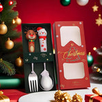HASTHIP Christmas Spoon and Fork Set 2PCS for Holiday Dining with Elk and Snowman Toppers | Stainless Steel Silver Flatware Gift Box