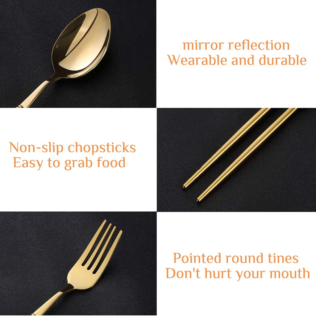 HASTHIP Cutlery Set with 2 Forks 2 Spoons and 2 Pairs Chopsticks 21 cm | Stainless Steel 410 Black Gold Gift Box