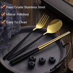HASTHIP Cutlery Set with 2 Forks 2 Spoons and 2 Pairs Chopsticks 21 cm | Stainless Steel 410 Black Gold Gift Box