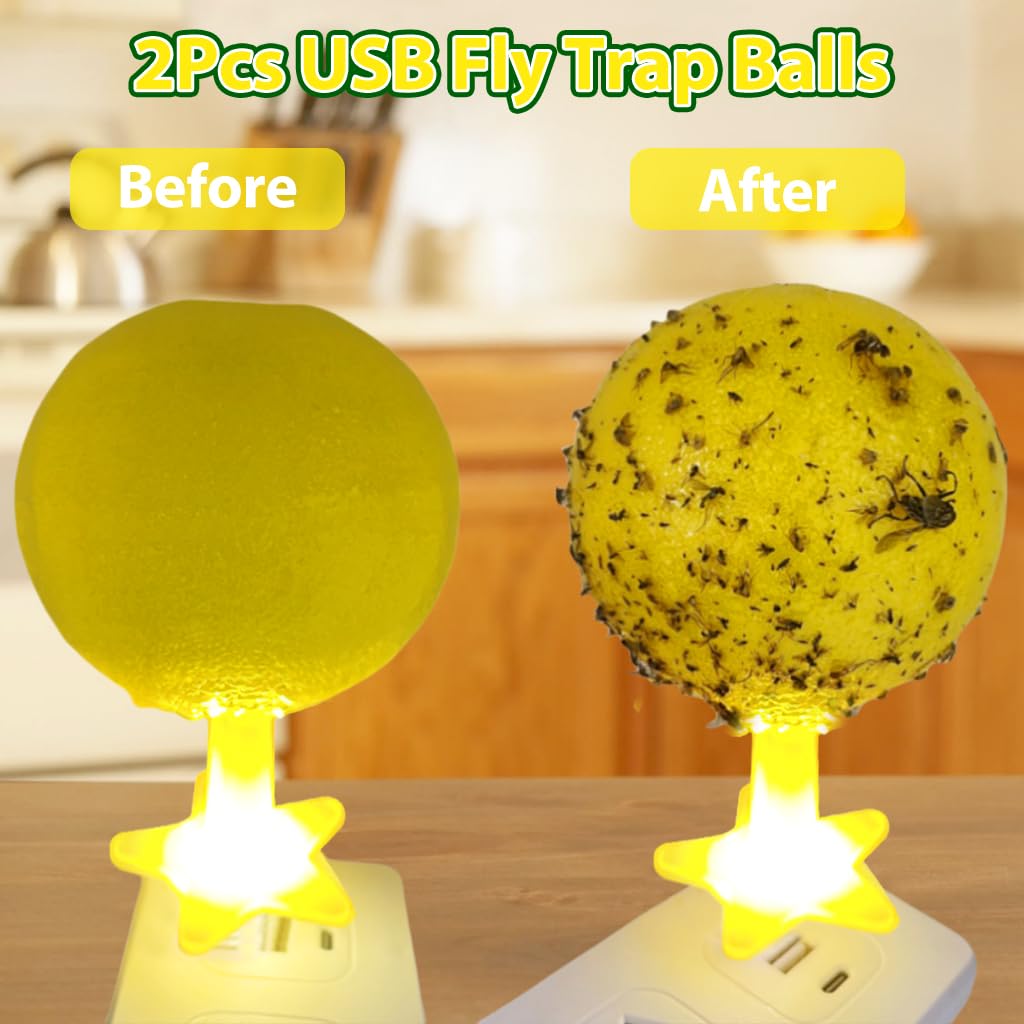 HASTHIP USB Fly Trap Balls for Kitchen and Living Room with LED Attractant Light | 3.15 in Yellow Sticky Pest Control