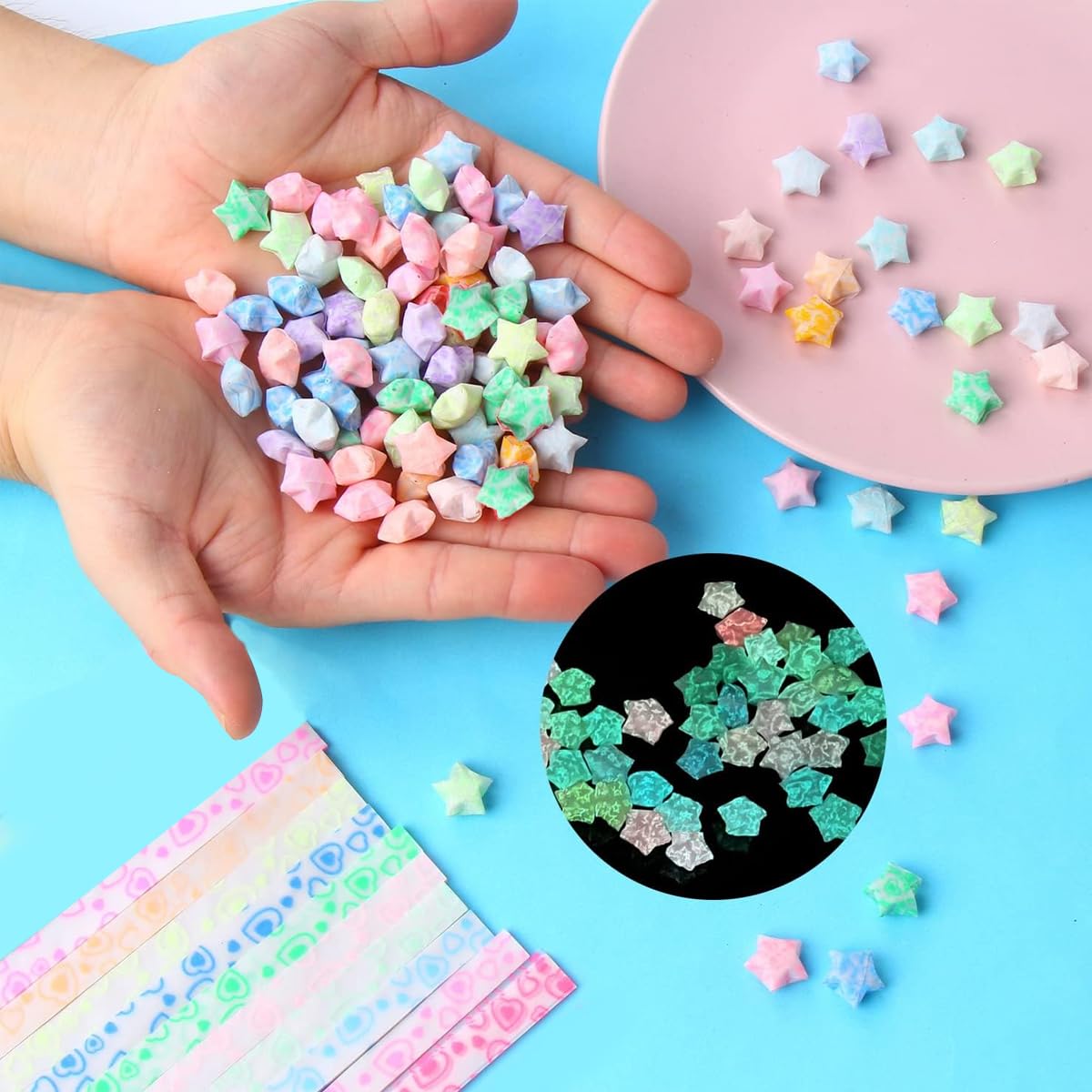 HASTHIP Heart-Shaped Origami Paper for DIY Crafts with 210 pcs 8.6 in Glossy Strips | 10 Colors Glow Design