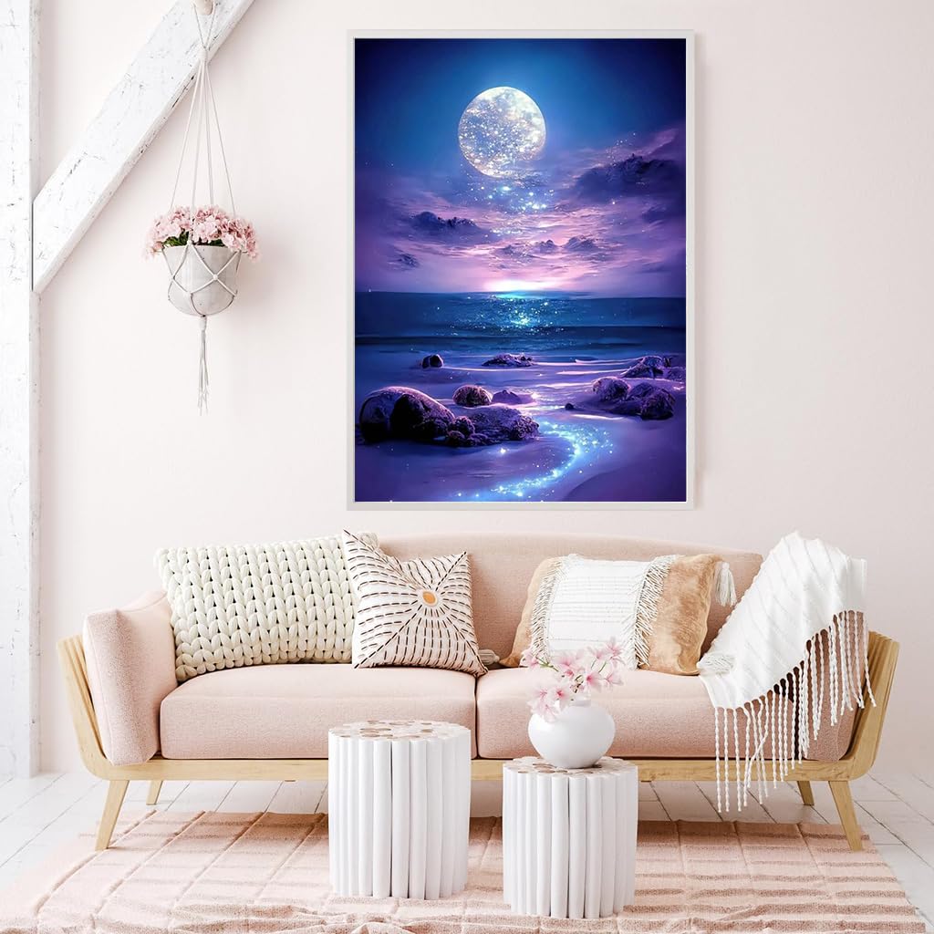 HASTHIP® DIY 5D Diamond Painting Art Kit Dreamy Beach Purple Moonlit Night Diamond Painting Beginner DIY 5D Diamond Painting for Home Decor, No Frame Wall Decor 5D Diamond Painting, 12 x 16 Inch