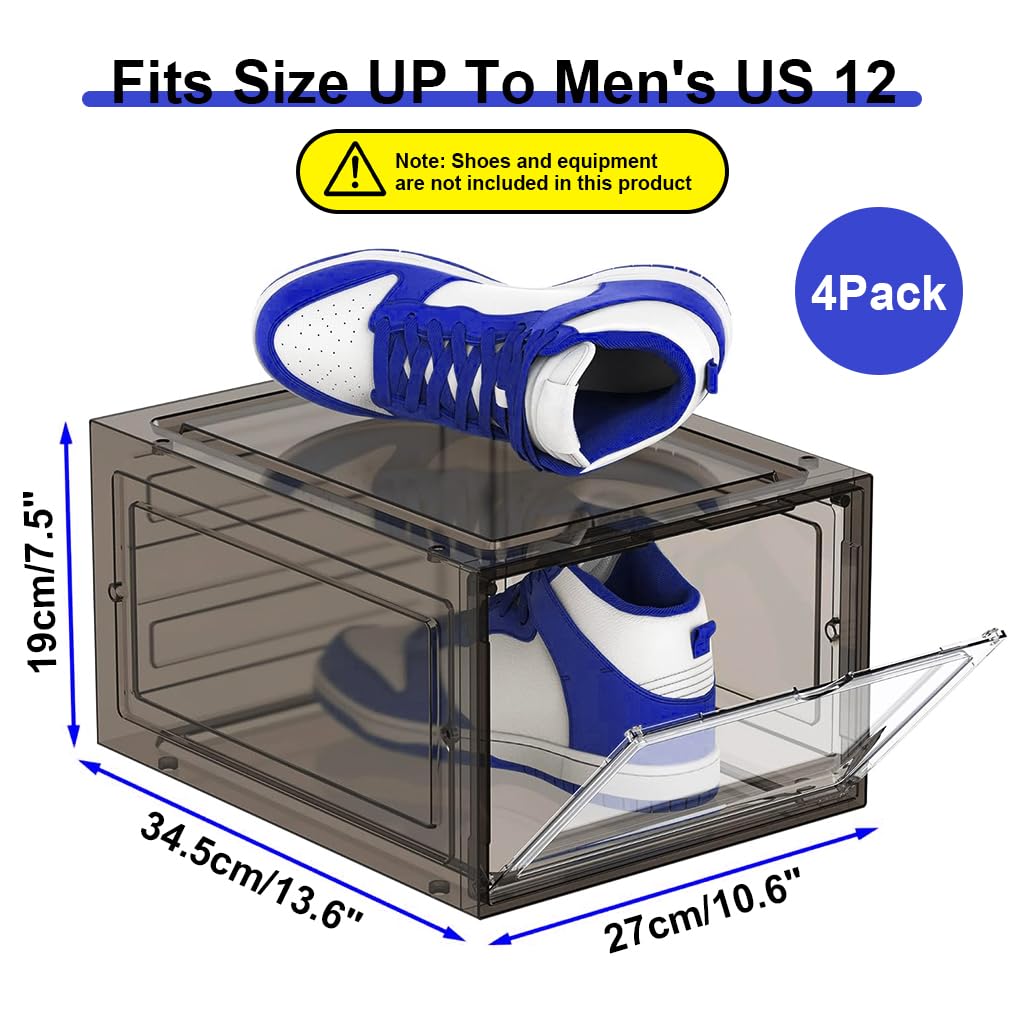 4 Packs Shoe Box Plastic Shoe Storage Separate Shoe Box with Magnet Door Stackable Shoe Organizer Universal Size Sneaker Shoe Box for Men Shoes Box for Women